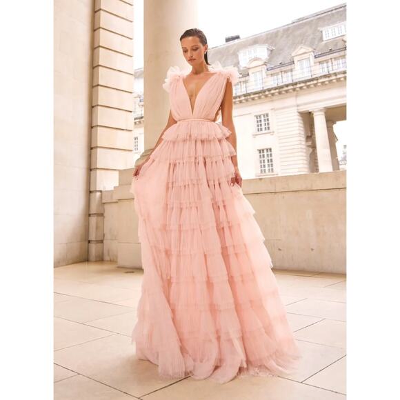 SAU LEE Sabrina Pink Nude Ruffle Tulle Gown Size 4 - Picture 1 of 11